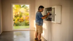 Eletricista revisando quadro de distribuição elétrico em imóvel de temporada em Florianópolis