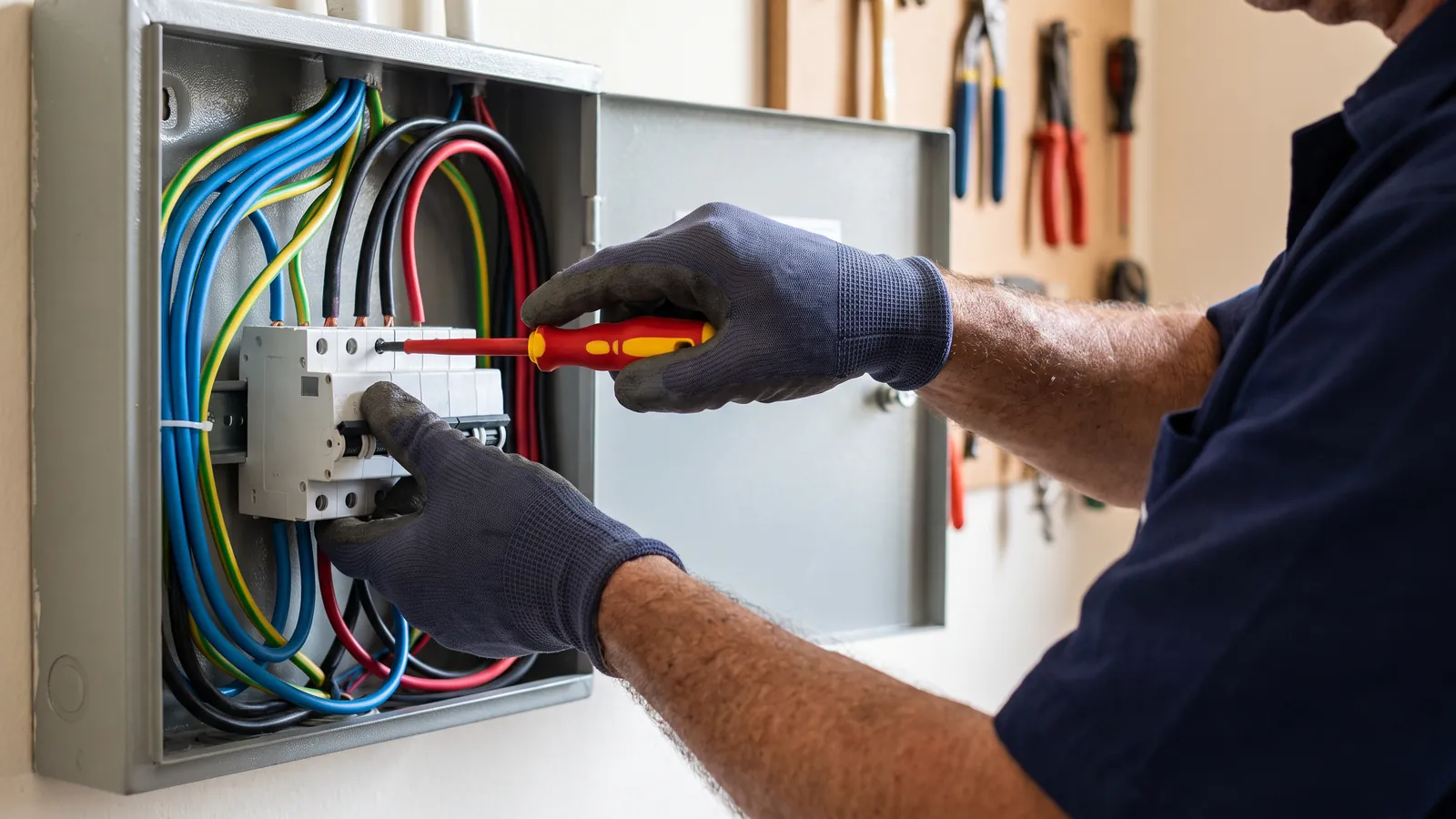 Mãos com luvas usando chave de fenda para reapertar o borne de um disjuntor no conserto de quadro elétrico residencial