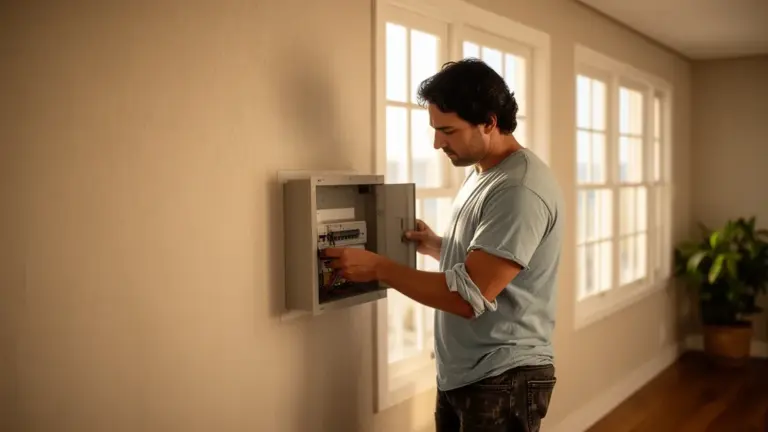 Eletricista avaliando quadro de distribuição elétrica durante visita técnica em Florianópolis