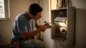 Eletricista revisando fiação de alumínio dentro do quadro elétrico de um apartamento antigo