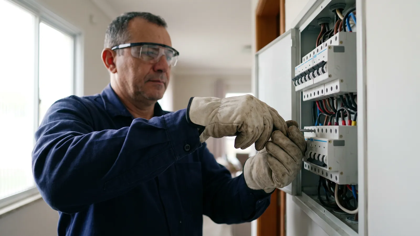 Eletricista com óculos de proteção reapertando os disjuntores de um quadro de distribuição residencial durante manutenção elétrica preventiva