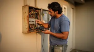 Eletricista testando o quadro de disjuntores de um imóvel antigo durante revisão elétrica conforme a NBR 5410