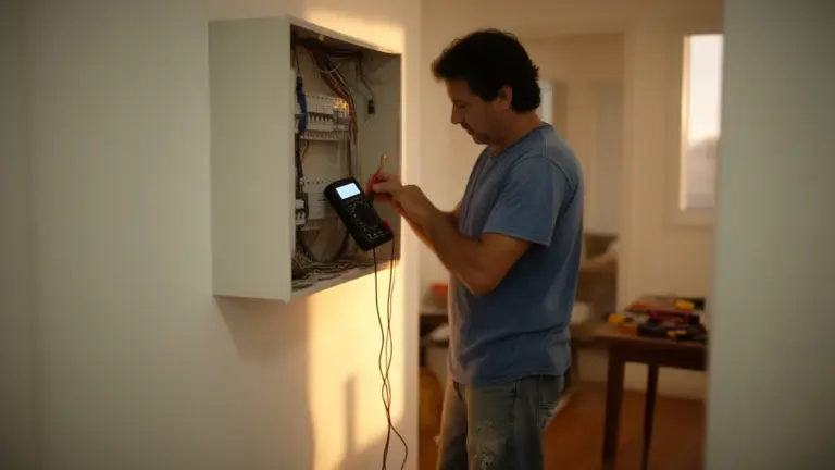 Home 54 Eletricista fazendo laudo elétrico residencial com multímetro no quadro de distribuição