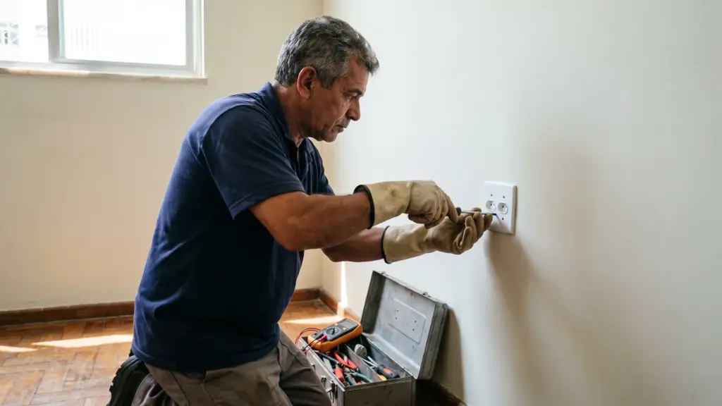 Eletricista ajoelhado instalando uma tomada na parede da sala, com caixa de ferramentas e multímetro no chão