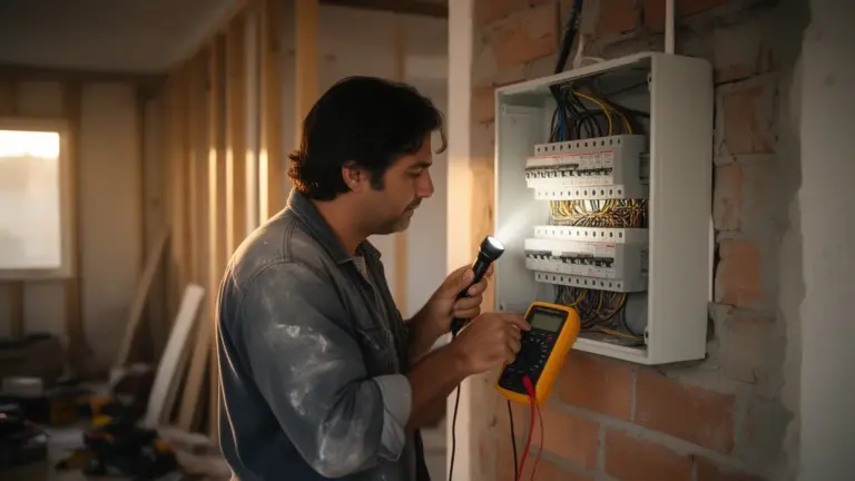 Home 54 Eletricista avaliando o quadro de distribuição elétrica durante vistoria em imóvel usado antes da compra