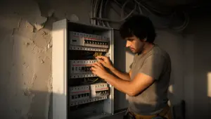 Eletricista dimensionando o quadro de energia durante reforma residencial em Florianópolis