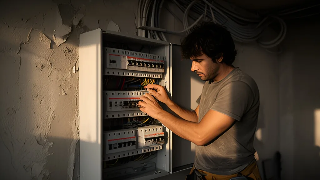 Eletricista dimensionando o quadro de energia durante reforma residencial em Florianópolis