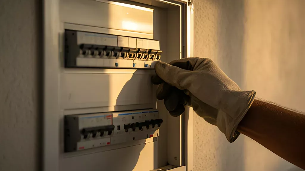 Eletricista conferindo disjuntor desarmando no verão em quadro elétrico residencial com luz de fim de tarde