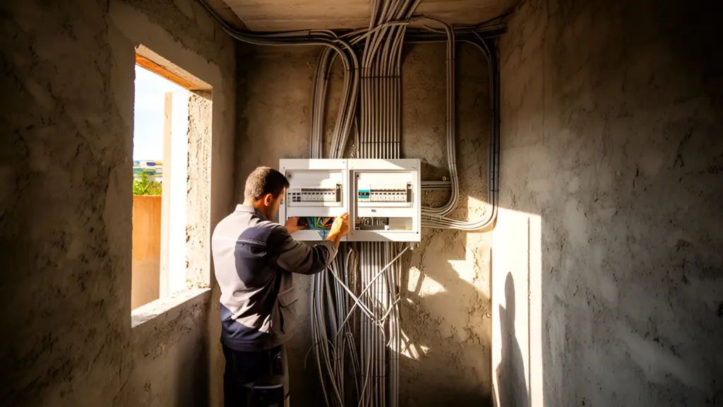 Eletricista instalando quadro de distribuição elétrica em obra de casa nova em Florianópolis